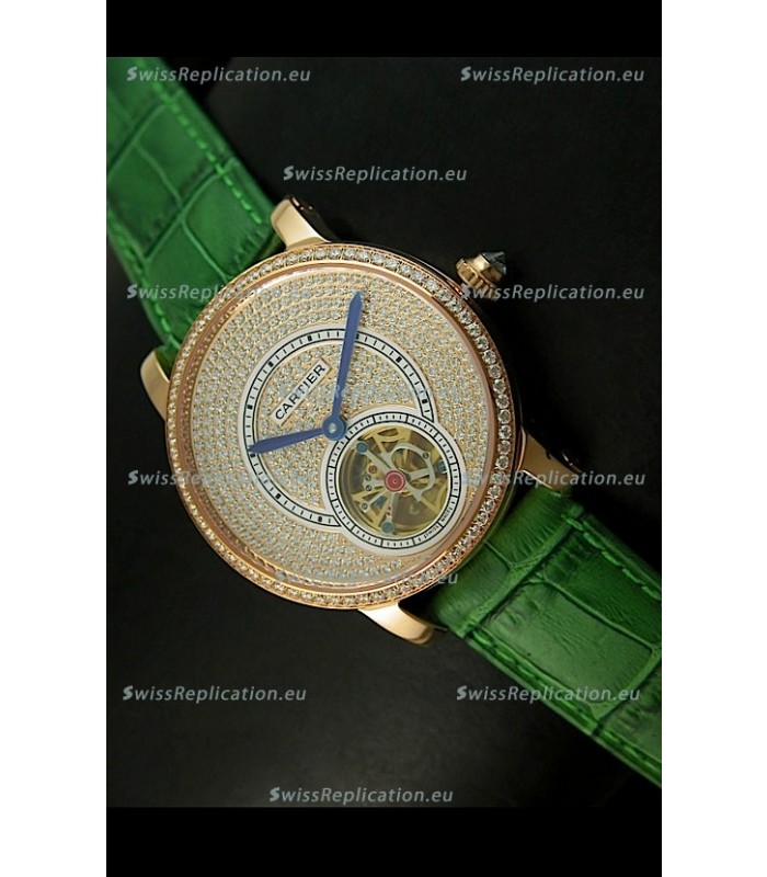 Ronde De Cartier Tourbillon Replica Watch Pink Gold Case - Green Strap
