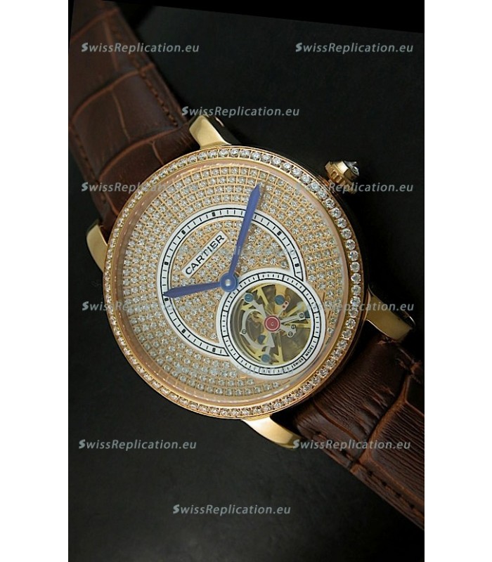 Ronde De Cartier Tourbillon Replica Watch Pink Gold Case - Dark Brown Strap