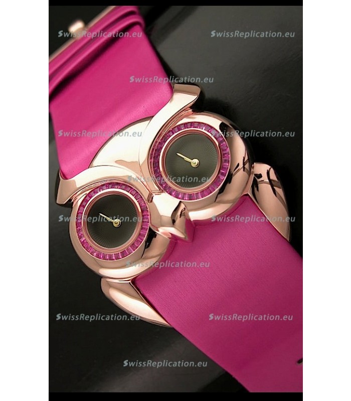 Chopard Animal World Ladies Owl Black Dial Watch in Pink Strap