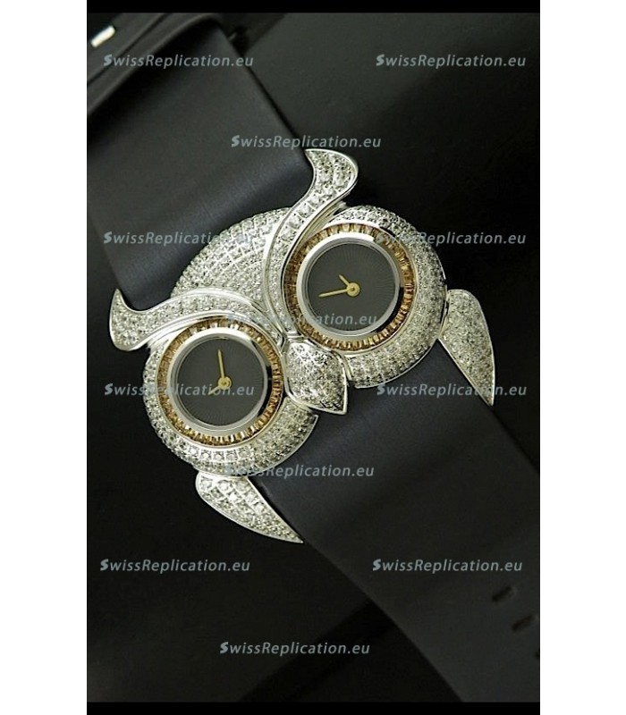 Chopard Animal World Ladies Owl Black Full Diamond Watch in Black Double Eyes Dial