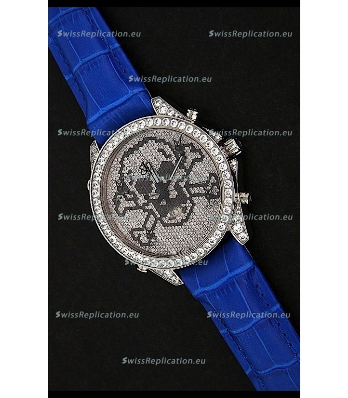 Five Time Zones J&C Skull Japanese Quartz in Full Diamonds