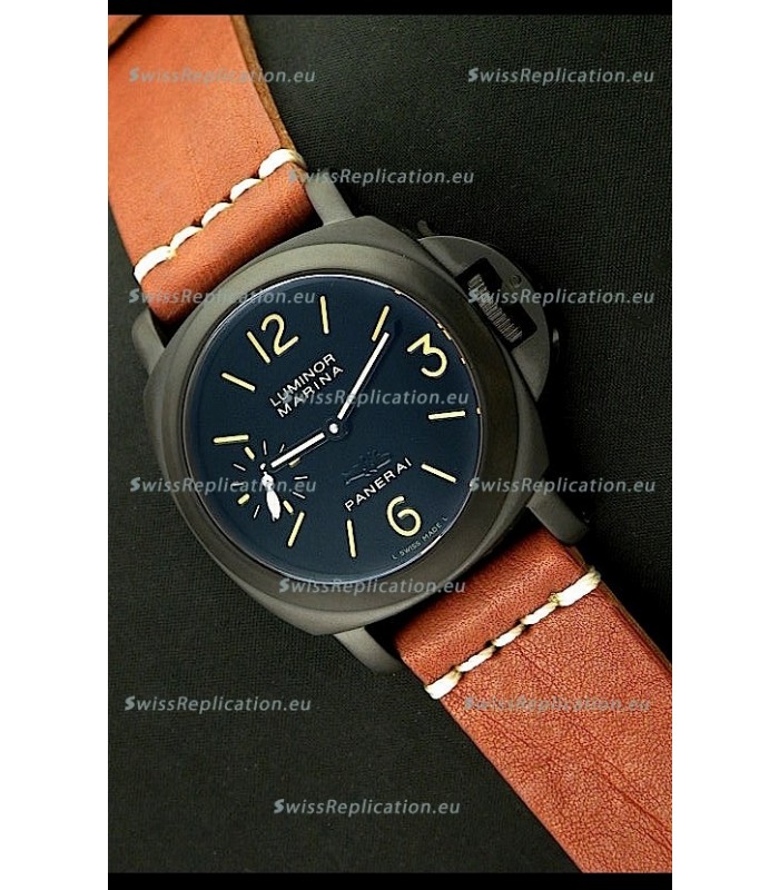 Panerai Luminor Marina Black Seal PVD Swiss Watch in Brown Strap