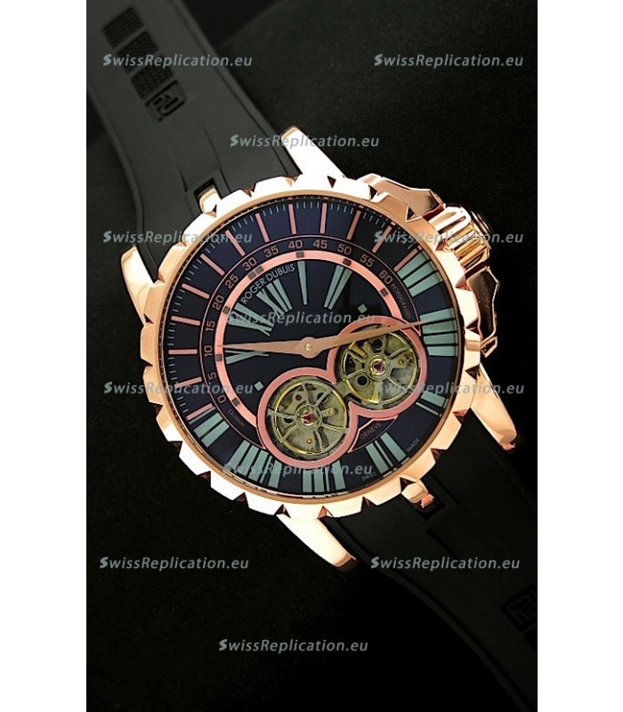 Roger Dubuis Chronoexcel Japanese Replica Automatic Rose Gold Watch in Blue Dial