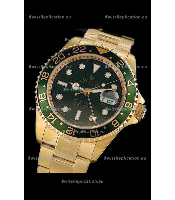 Rolex GMT Master II Swiss Replica Gold Watch in Green Bezel