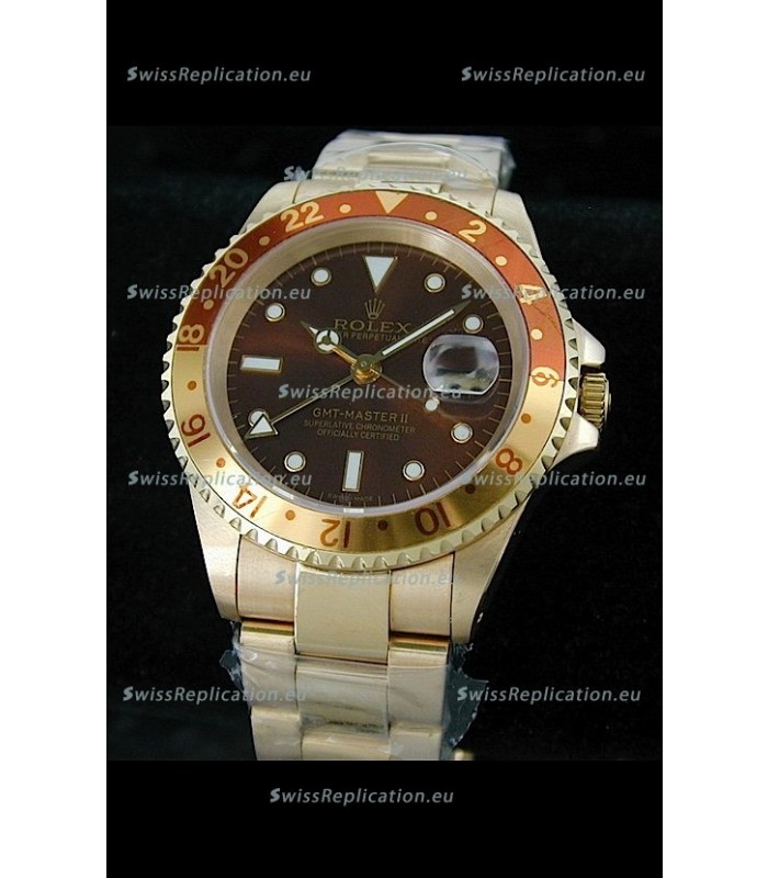 Rolex GMT Master II Swiss Replica Gold Watch in Dark Red Dial