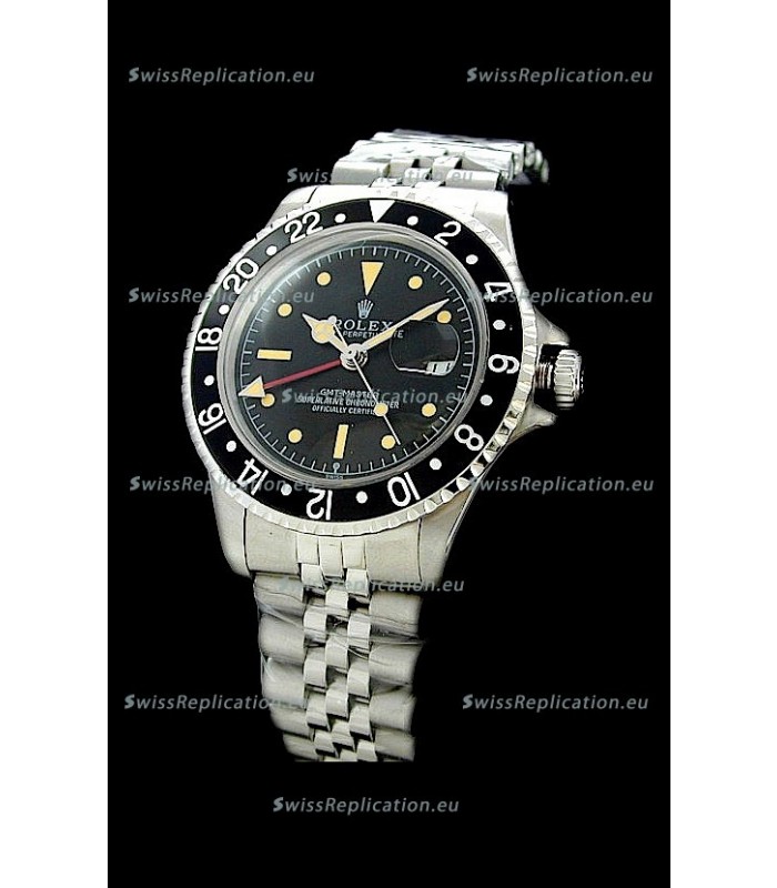 Rolex GMT Master Swiss Replica Steel Watch in Black Bezel