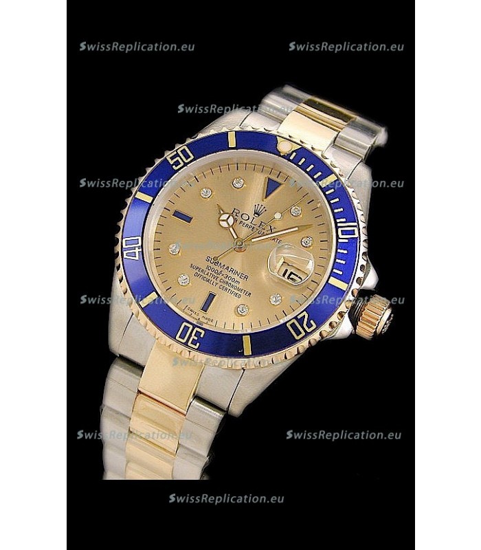 Rolex Submariner Oyster Perpetual Japanese Replica Two Tone Gold Watch in Blue Bezel