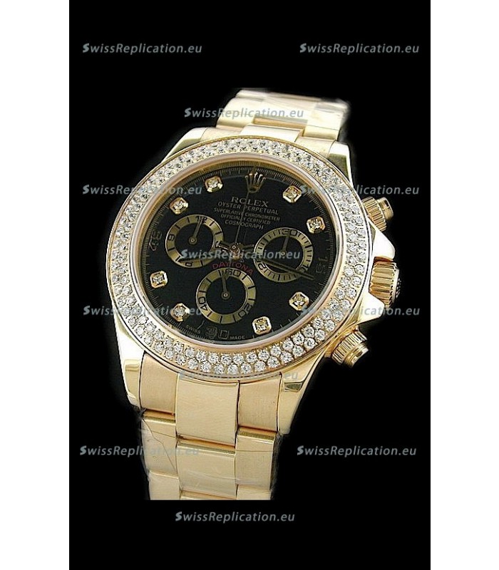 Rolex Daytona Swiss Replica Gold Watch in Full Diamond Bezel