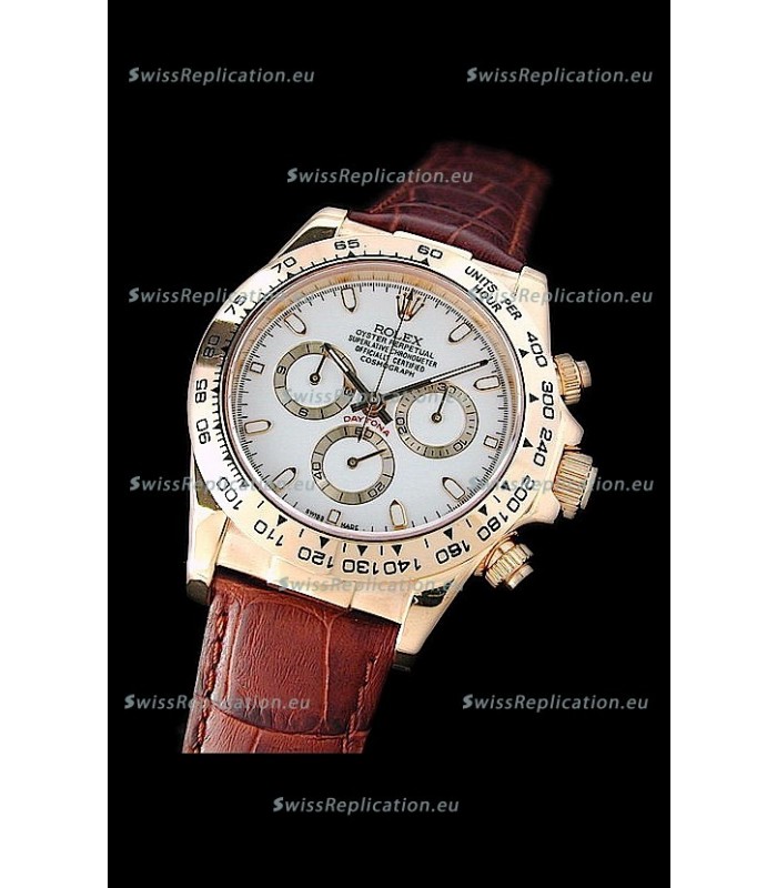 Rolex Daytona Cosmograph Swiss Replica Gold Watch in Brown Leather Strap