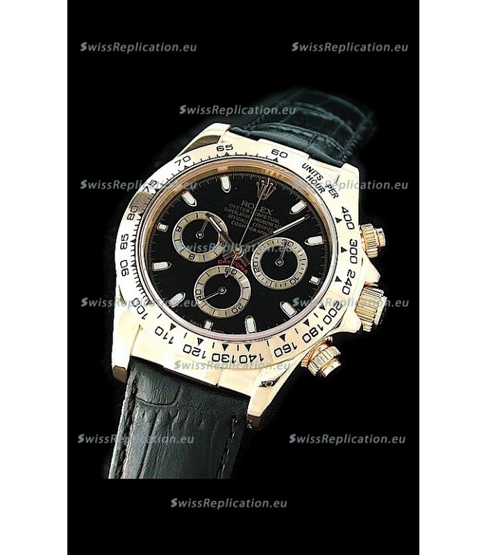 Rolex Daytona Cosmograph Swiss Replica Gold Watch in Black Leather Strap