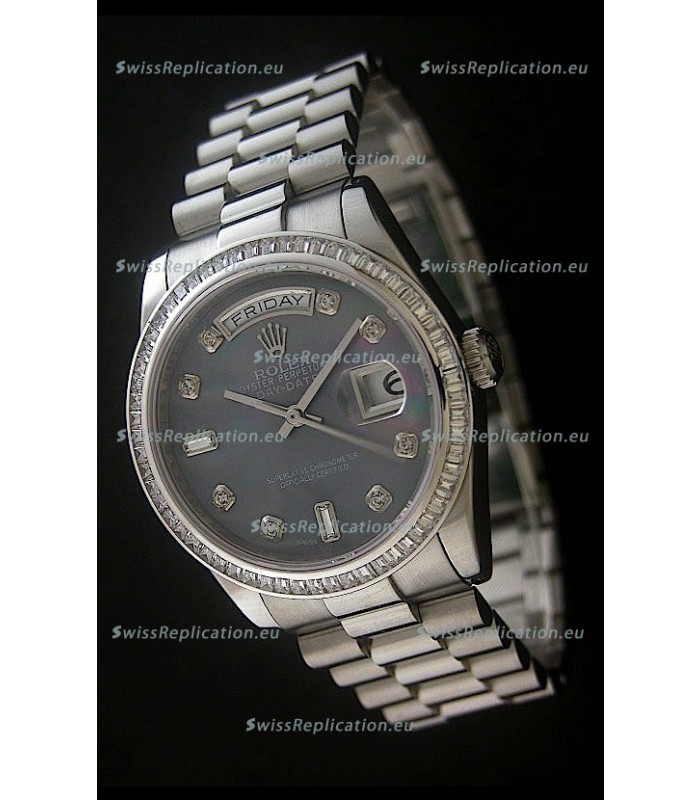 Rolex Day Date Just Japanese Replica Watch in Mop Black Dial