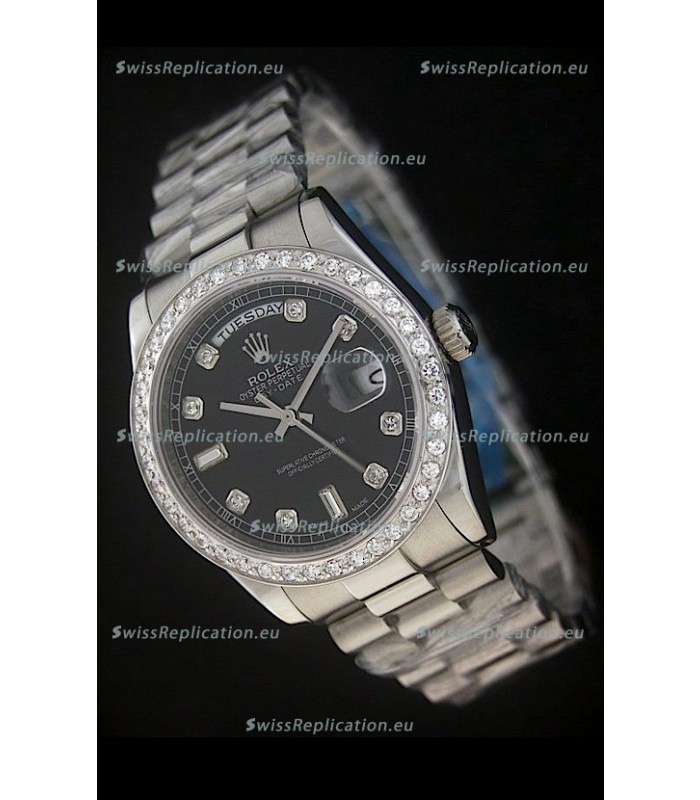 Rolex Day Date Just Japanese Replica Black Watch in Full Diamond Bezel
