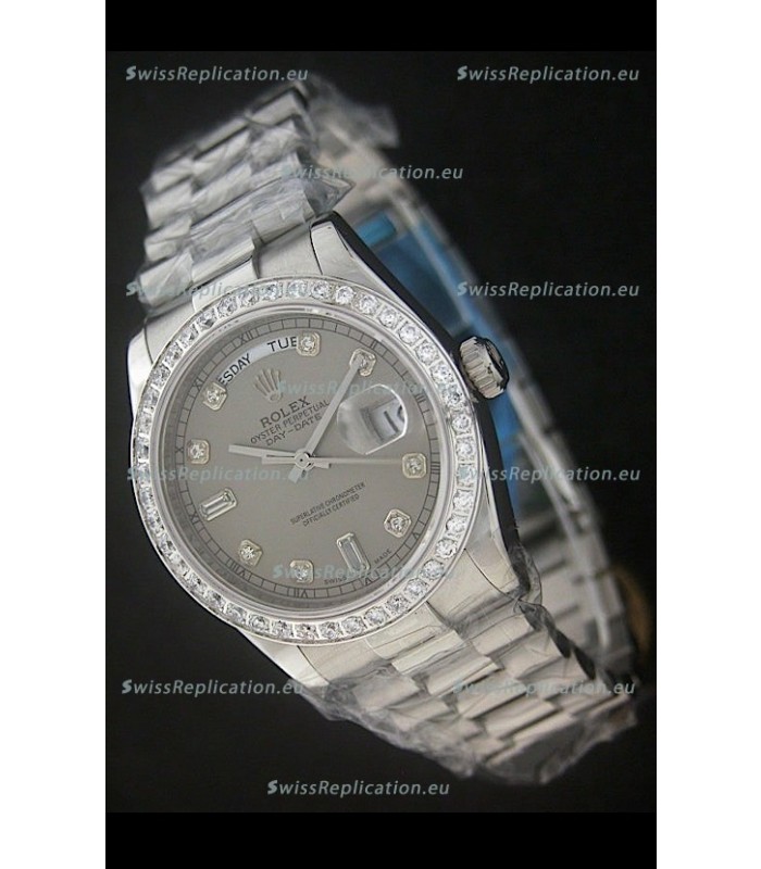 Rolex Day Date Just Japanese Replica Grey Watch in Full Diamond Bezel