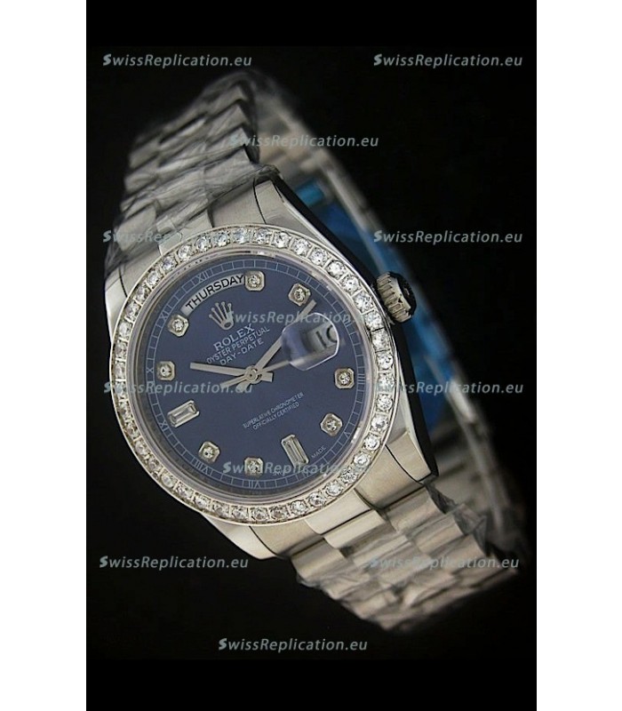 Rolex Day Date Just Japanese Replica Blue Watch in Full Diamond Bezel