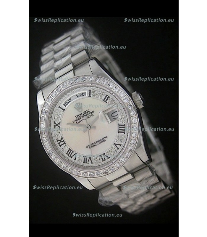 Rolex Day Date Just Japanese Replica Watch in Mop Scream White Dial