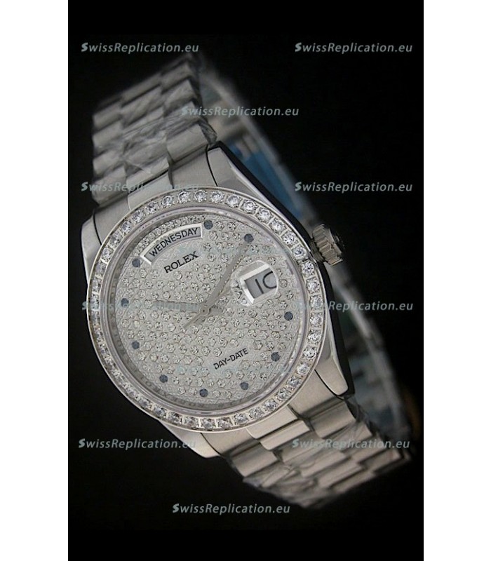 Rolex Day Date Just Japanese Replica Watch in Full Diamonds Dial 