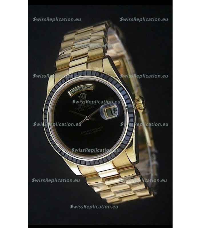 Rolex Day Date Just Japanese Replica Yellow Gold Watch in Black Dial