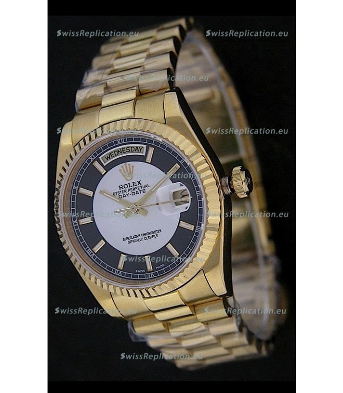 Rolex Day Date Just swiss Replica Yellow Gold Watch in Black & White Dial