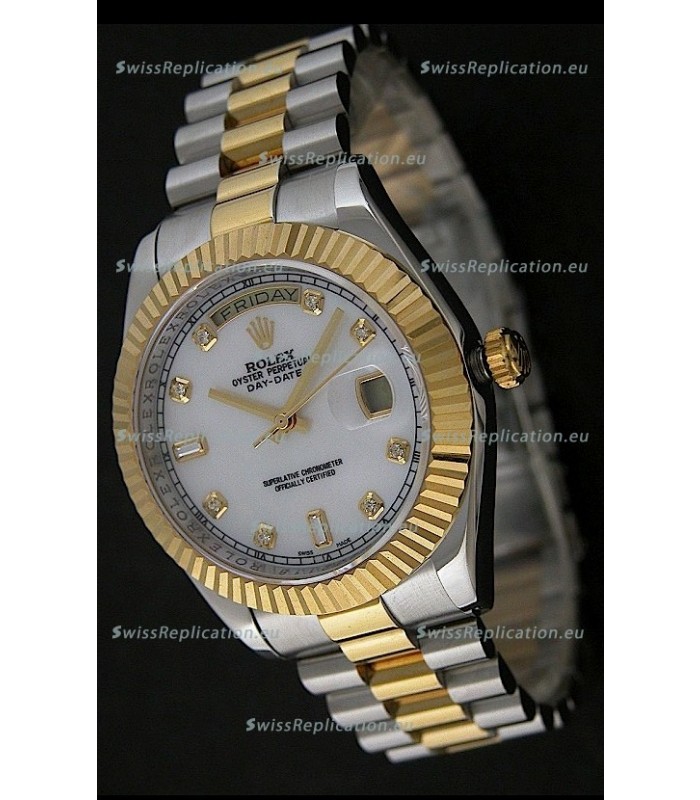 Rolex Day Date Just Japanese Replica Two Tone Gold Watch in Mop White Dial