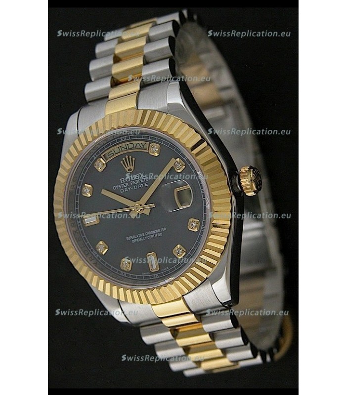 Rolex Day Date Just Japanese Replica Two Tone Gold Watch in Mop Grey Dial