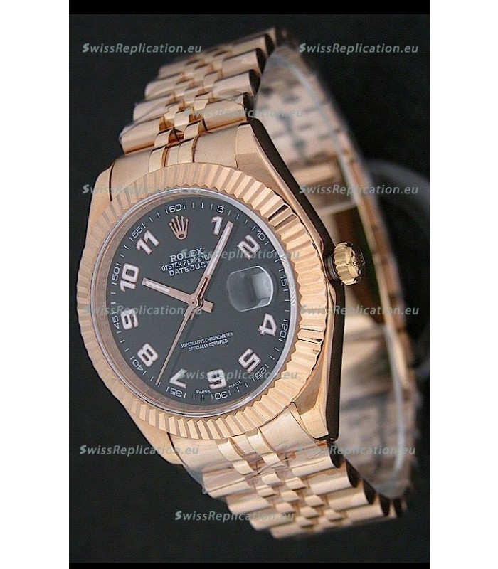 Rolex Datejust Japanese Replica Rose Gold Watch in Black Dial
