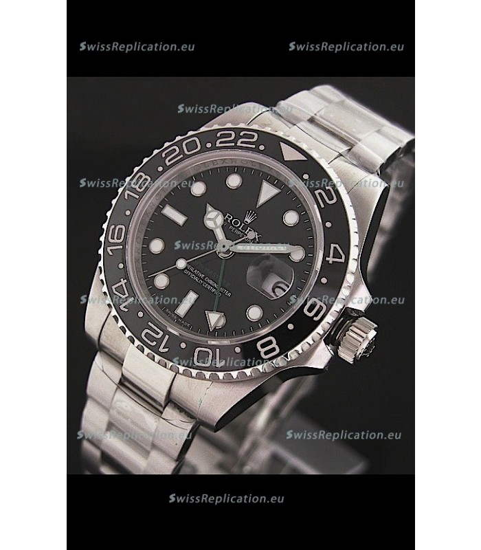 Rolex GMT Master II Swiss Replica Steel Watch in Black Dial