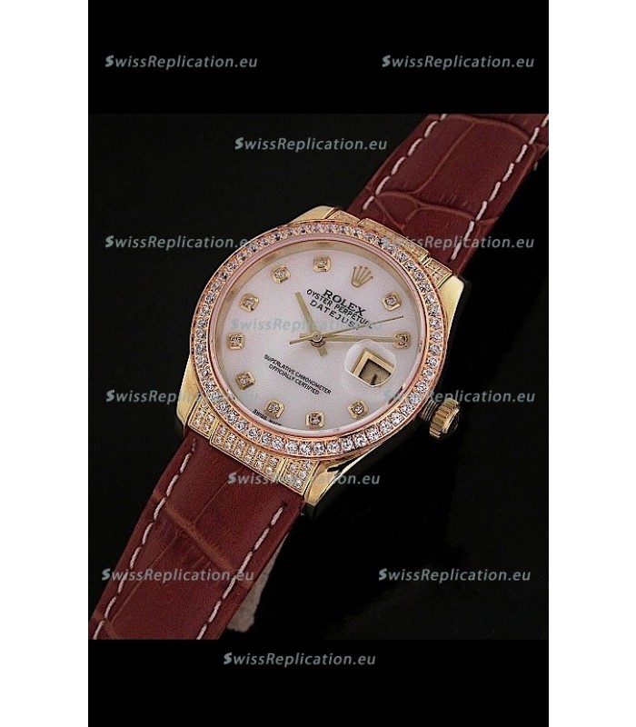 Rolex DateJust Swiss Mens Replica Yellow Gold Watch in Mop White Dial