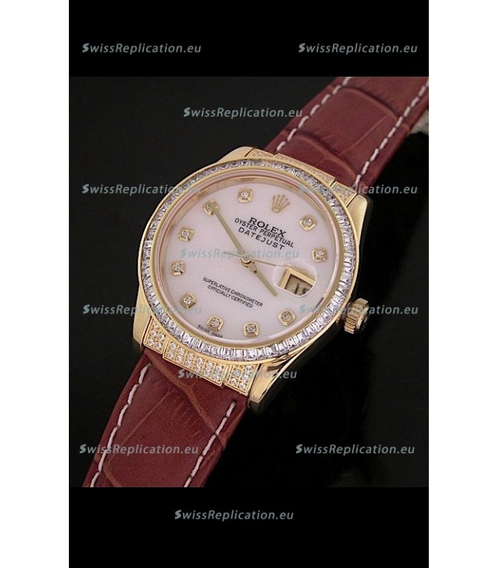 Rolex DateJust Japanese Mens Replica Yellow Gold Watch in White Mother of Pearl Dial