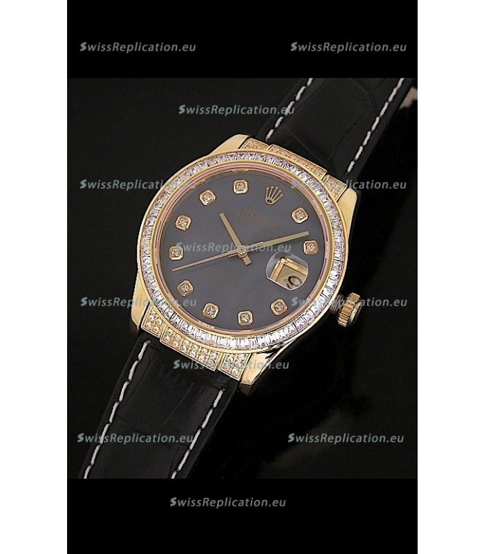 Rolex DateJust Japanese Mens Replica Yellow Gold Watch in Black Mother of Pearl Dial