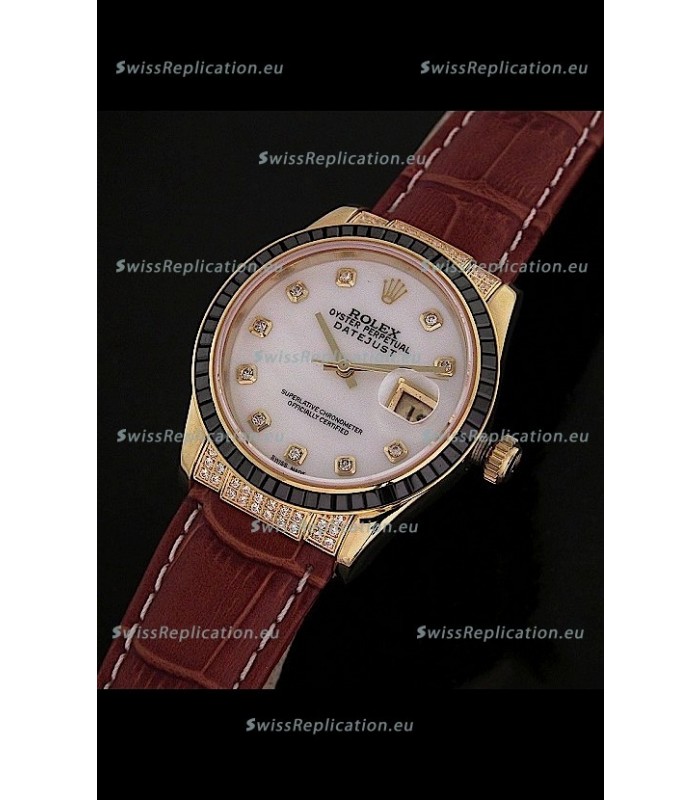 Rolex DateJust Swiss Mens Replica Yellow Gold Watch in Diamond Markers