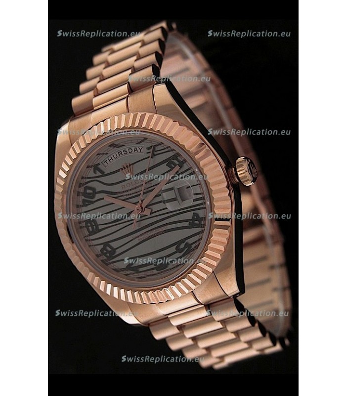 Rolex Oyster Perpetual Day Date Japanese Replica Pink Gold Watch in Waves Pattern Dial