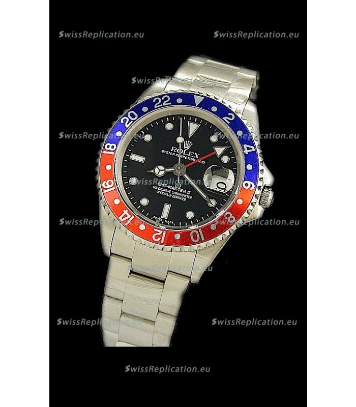 Rolex GMT Master II Swiss Replica Steel Watch in Red and Blue Bezel 