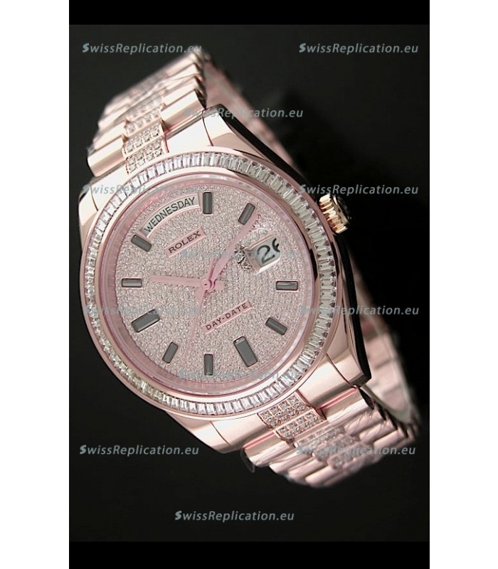 Rolex Day Date Swiss Automatic Rose Gold Watch in Diamond Bracelet
