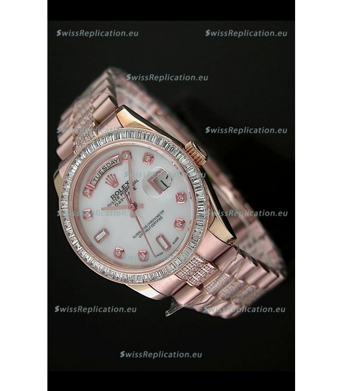 Rolex Oyster Perpetual Day Date Japanese Rose Gold Automatic Watch in White Mother of Pearl Dial