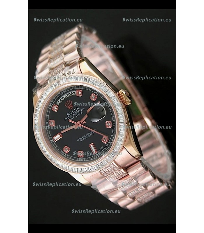 Rolex Oyster Perpetual Day Date Japanese Rose Gold Automatic Watch in Black Dial