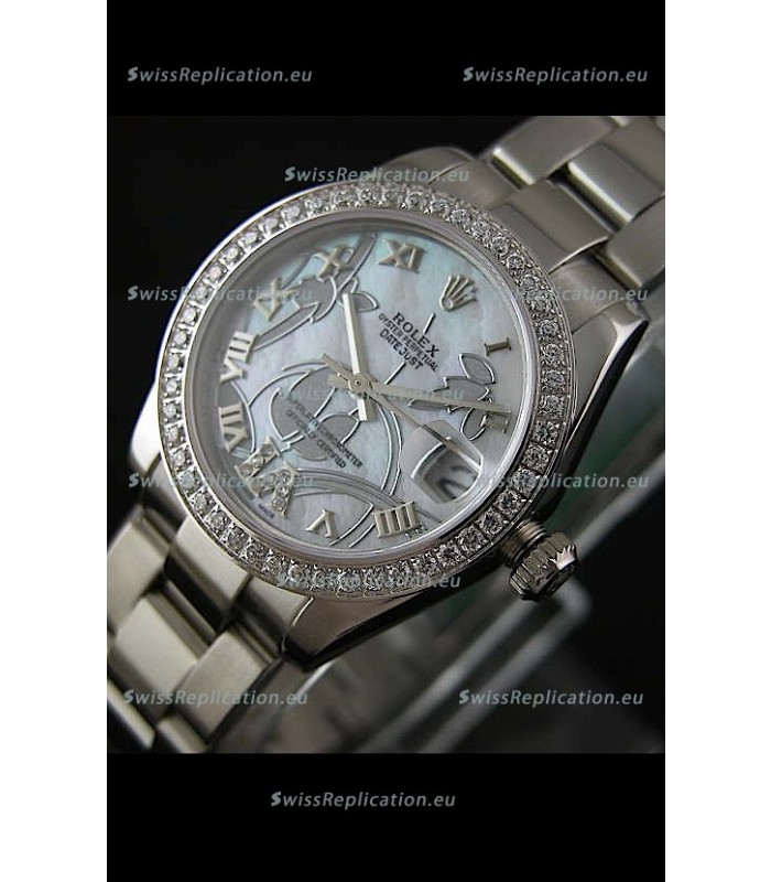 Rolex Oyster Perpetual Date Just Lady Swiss Diamond Watch in Pearl White Dial