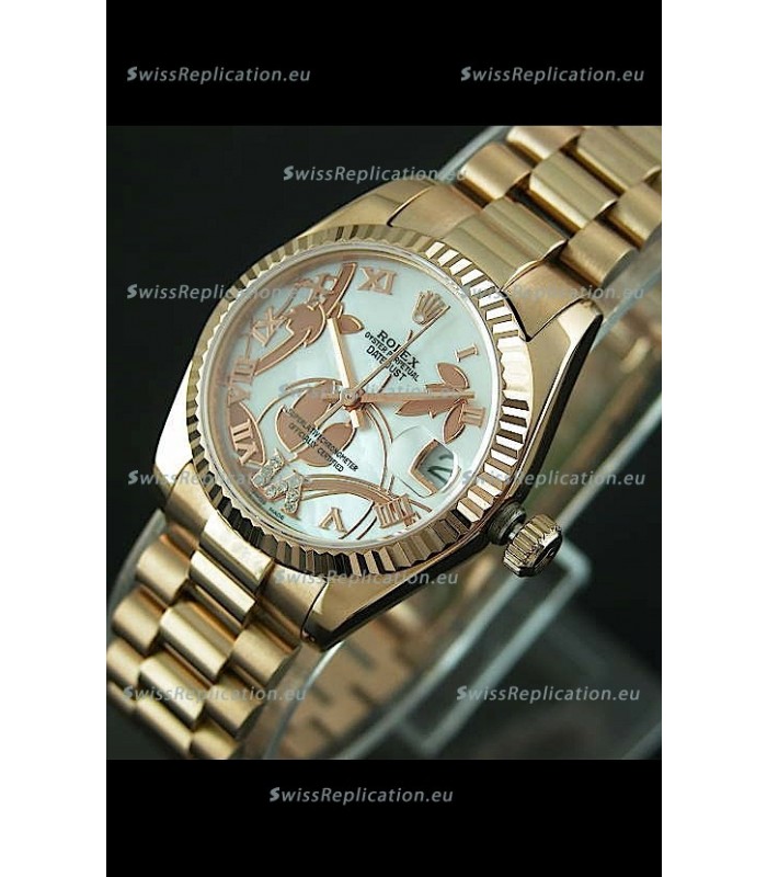 Rolex Oyster Perpetual Date Just Lady Swiss Rose Gold Watch in Pearl White Dial