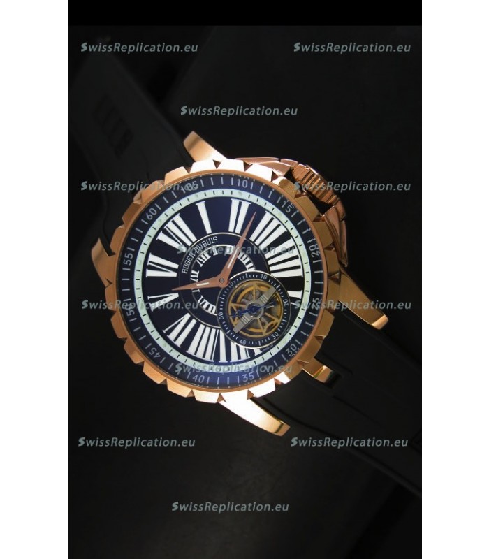 Roger Dubuis Excalibur Tourbillon Watch - Rose Gold Plating Black Dial