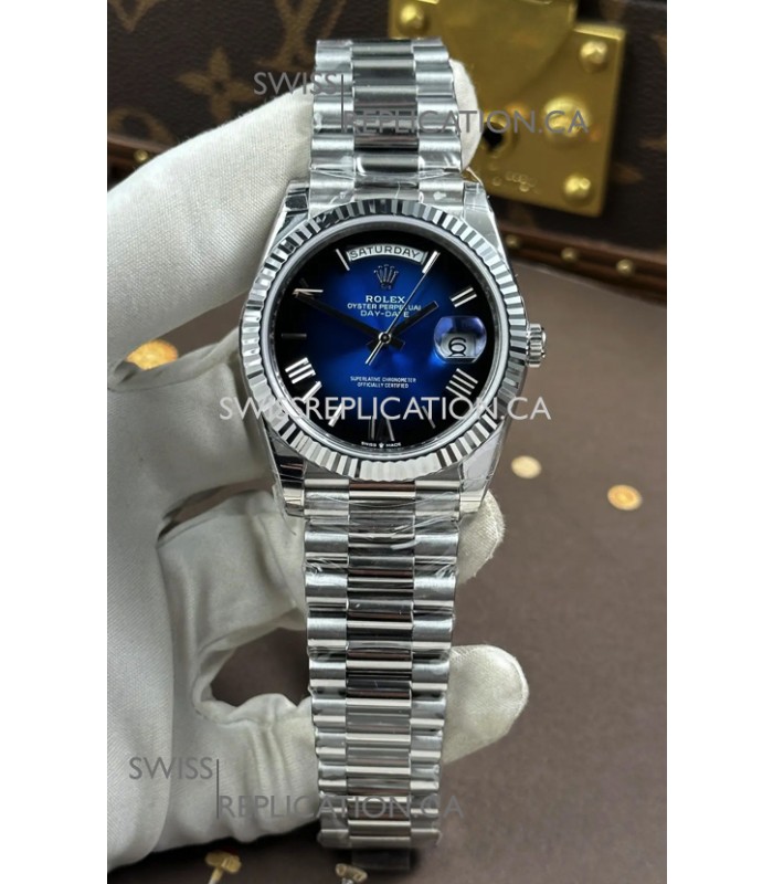 Rolex Day Date 228236 Stainless Steel Blue Ombre Roman Dial Super Clone Watch 