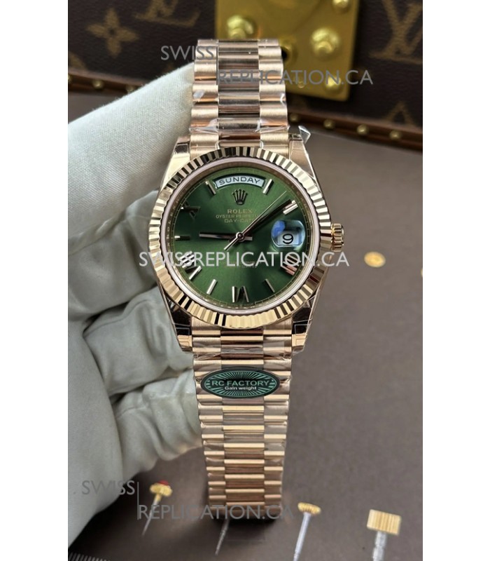 Rolex Day Date 228236 Rose Gold Green Roman Dial Super Clone Watch 