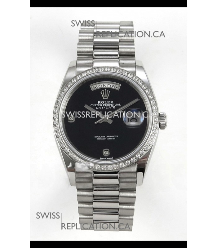 Rolex Day Date Black Dial Diamonds Bezel 36MM Swiss Replica Watch 