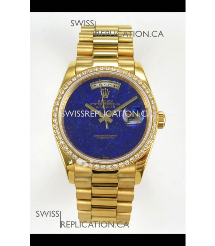 Rolex Day Date Yellow Gold Blue Lapis Dial Diamonds Bezel 36MM Swiss Replica