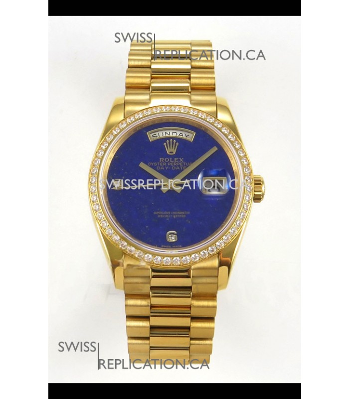 Rolex Day Date Yellow Gold Blue Lapis Dial Diamonds Bezel 36MM Swiss Replica