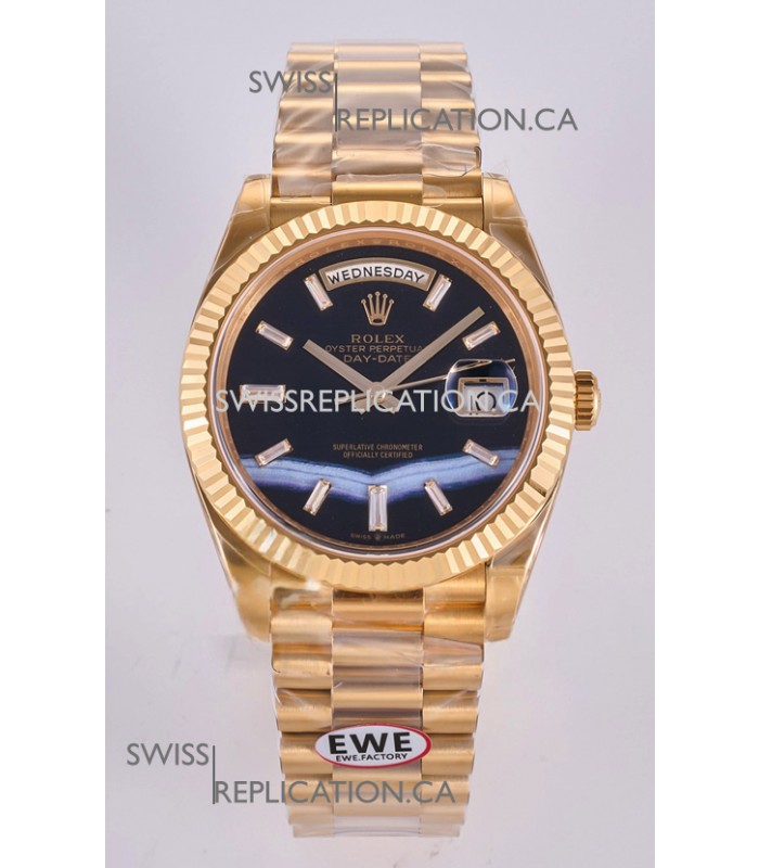 Rolex Day Date Yellow Gold Custom Black Dial 40MM Super Clone Watch 