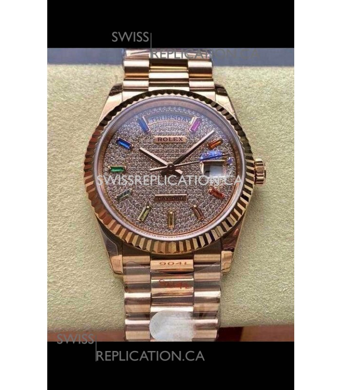 Rolex Day Date 128345RBR Rose Gold Diamonds Dial Super Clone Watch 