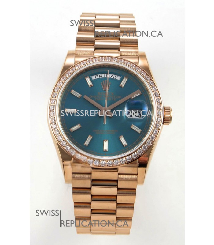 Rolex Day Date 128345 Rose Gold Green Crystal Dial Diamonds Bezel Super Clone Watch 