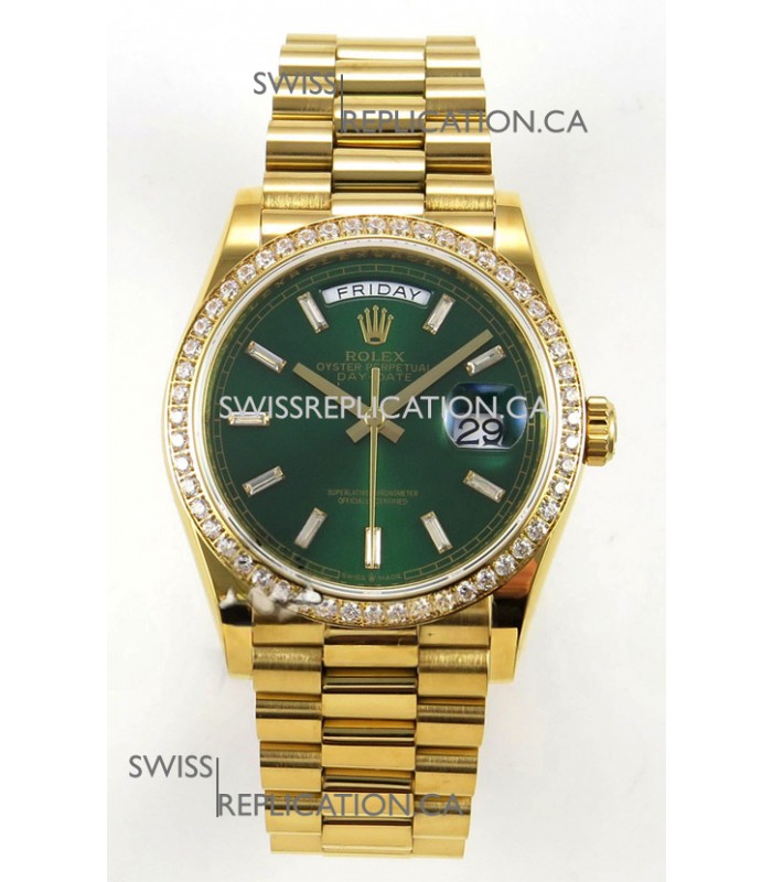 Rolex Day Date 128348 Yellow Gold Green Crystal Dial Diamonds Bezel Super Clone Watch 