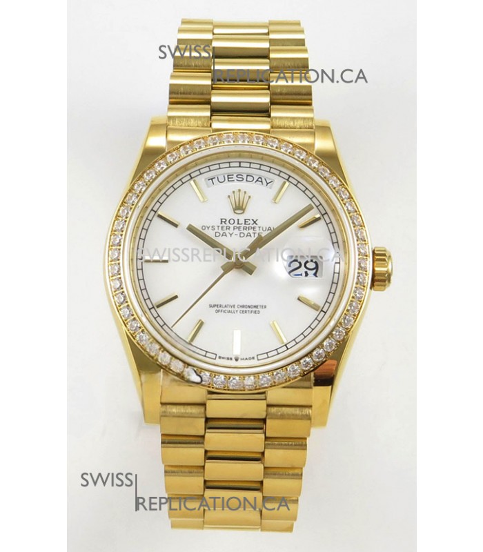 Rolex Day Date 128348 Yellow Gold White Dial Diamonds Bezel Super Clone Watch 