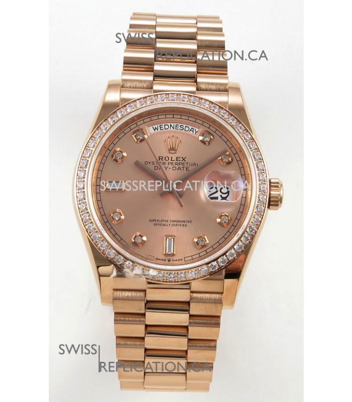 Rolex Day Date 128345 Rose Gold Diamonds Dial Super Clone Watch 