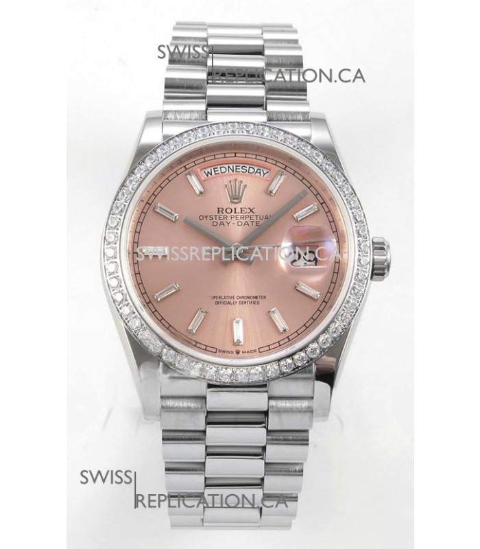 Rolex Day Date 128349 Stainless Steel Pink Crystal Dial Super Clone Watch 